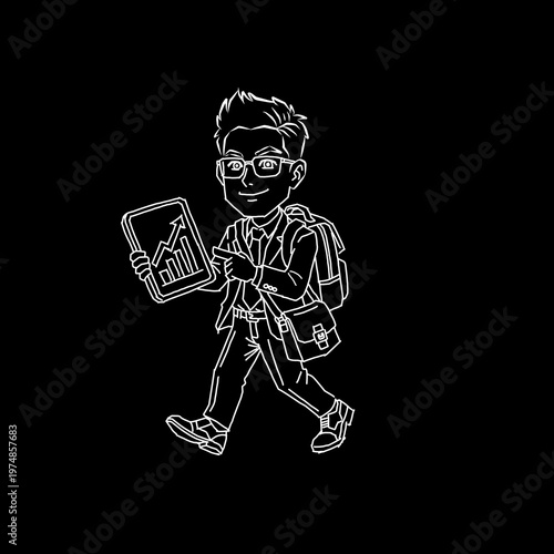 Minimalist white line art of a manga businessman walking with a tablet and backpack. Professional male character showing growth charts on black background. Modern vector for fintech and productivity.