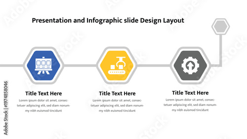 Industrial process timeline featuring three hexagonal icons for operations management