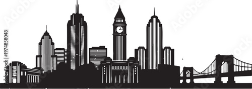 City Skyline Silhouette with Bridge and Buildings