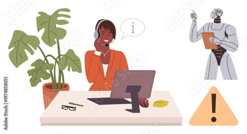 Customer support, AI integration, workplace technology, automation, communication tools, service innovation. A woman wearing a headset at a desk with a robot assistant in the background. Customer