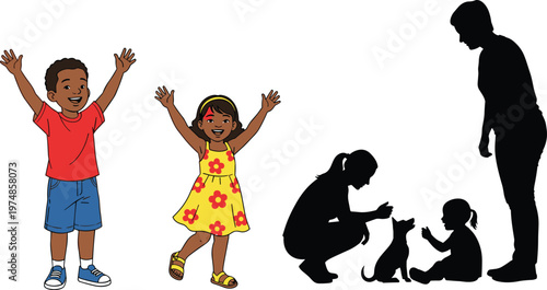 Children and Adults Playing with Pets Vector Set Featuring Happy Kids, Pet Interaction, and Family Moments for Animal Lover Designs