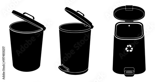 Three black trash cans with different lid designs