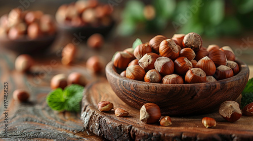 Whole raw hazelnut in wooden bowl on rustic timber table, organic filbert nut, healthy protein snack, food harvest.