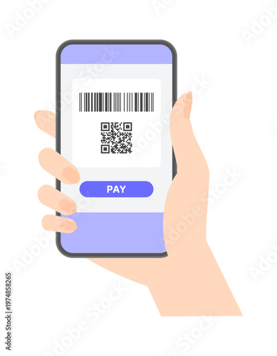 バーコードとQRコード、PAYの文字を表示中のスマホを見せてキャッシュレス決済する女性の手のイラスト