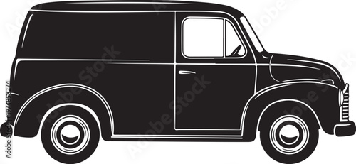 Black Vintage Van Side View Illustration Isolated White