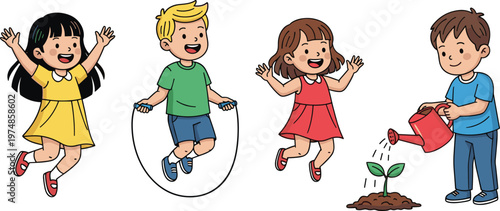 Children Playing and Gardening Icons Set Featuring Jumping, Skipping Rope, and Watering Plants for Kids’ Activity and Education Designs