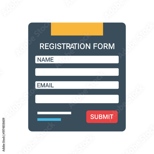 Registration form with name and email fields, submit button, flat design vector graphic on dark background for signup or application concept user interface element.