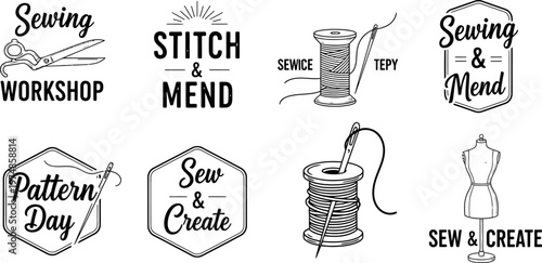 Vintage sewing and stitching emblems hand drawn workshop and mend illustrations