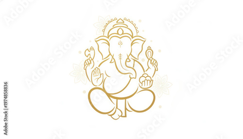 Minimalist Lord Ganesha line art illustration, golden outline of Ganpati on white background, Hindu god symbol, elegant spiritual design for festival, tattoo, logo, Diwali and Ganesh Chaturthi