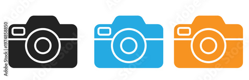 Camera icons in black, Blue, And orange on white background for photography and design concepts