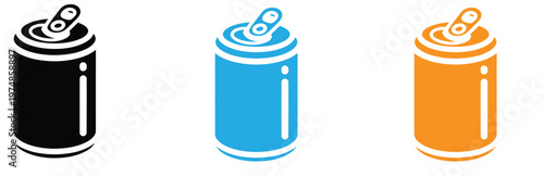 Colorful soda can icons in black, Blue, And orange on white background