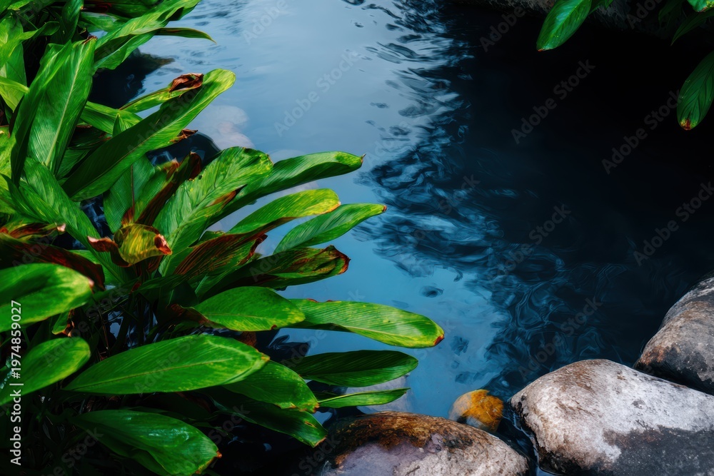 Naklejka premium 静かな場所にある緑の植物の近くに水が流れています