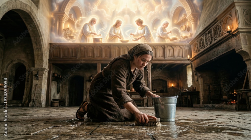 Fototapeta premium Woman cleaning stone floor in medieval castle inspired by heavenly vision of angels cooking. Religious conceptual illustration reflecting humble service and connection to divine heaven.
