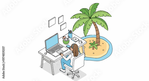 Digital nomad woman working on laptop at office desk with tropical palm tree island and coconut drink concept