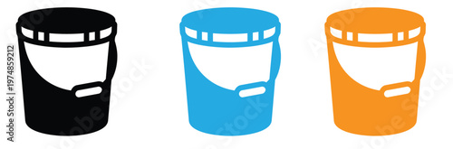 Colorful plastic bucket icons in black, Blue, And orange on white background for design and decoration