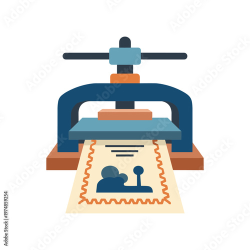 Press icon vector illustration, machine with lever and paper with stamp for document or certificate, flat design isolated on white background, print technology.