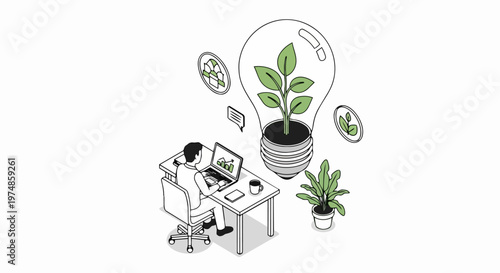 Sustainable Business Innovation: Isometric Illustration of a Professional Developing Green Energy Solutions and Eco-Friendly Growth Concepts with a Plant in a Lightbulb