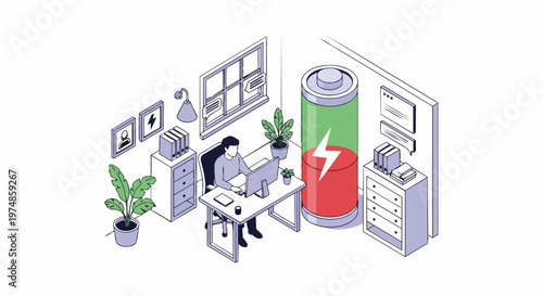 Isometric Illustration of Office Worker with Giant Low Battery Icon Symbolizing Burnout, Exhaustion, and Decreased Productivity in the Workplace