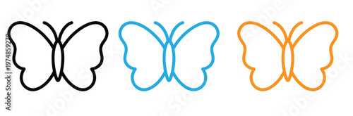 Colorful butterfly icons in black blue and orange on white background