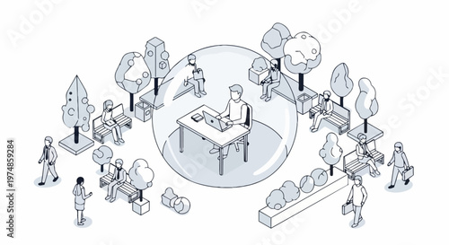 Isometric Illustration of a Person Working on a Laptop inside a Transparent Bubble in a Public Park, Symbolizing Personal Space and Deep Work Focus