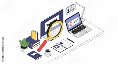 Isometric Workspace Illustration focusing on Target Marketing and Business Data Analysis