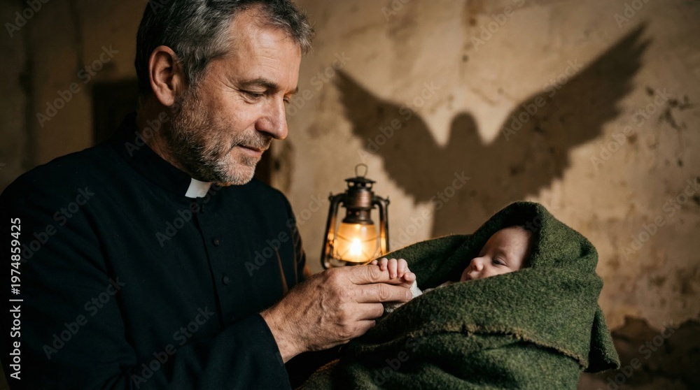 Fototapeta premium Priest holding baby with angel wing shadow on wall. Religious nativity scene concept with newborn infant. Catholic clergy member guarding child in candlelight for Christmas season.