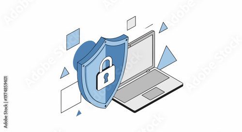 Isometric Cybersecurity Illustration with Shield and Laptop for Data Protection and Digital Security