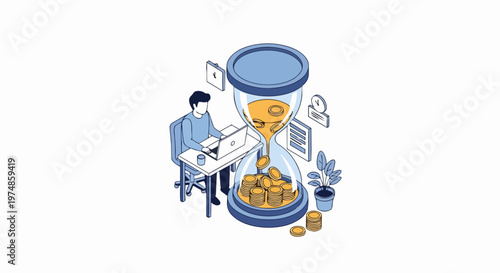Isometric Illustration of Time is Money Concept: Professional Working with a Giant Hourglass Converting Time into Gold Coins for Productivity and Financial Growth