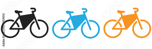 Colorful bicycle icons in black, Blue, And orange on white background for transportation or cycling concepts