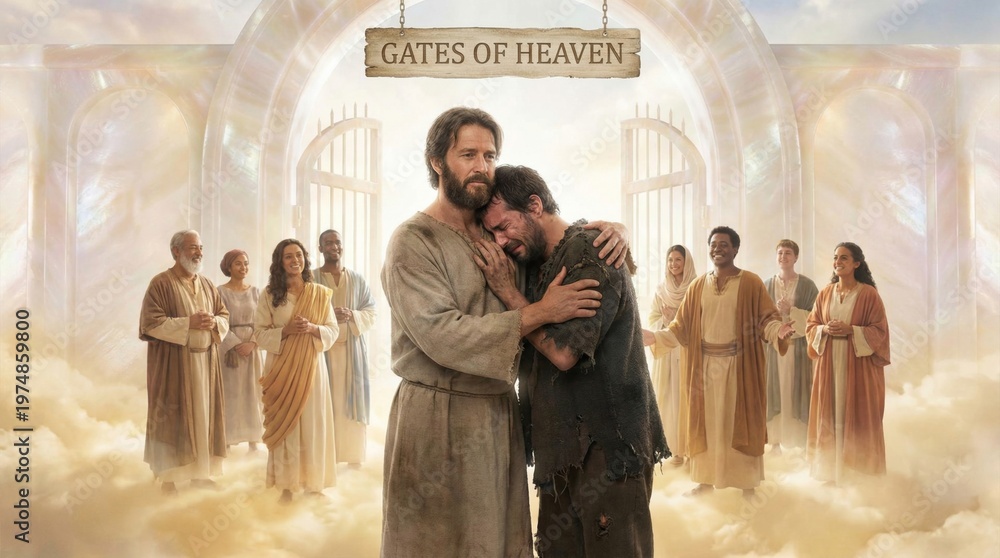 Fototapeta premium Jesus Christ embracing a weeping man at the gates of heaven. Religious scene of salvation, forgiveness and spiritual redemption. Biblical concept of afterlife and divine unconditional love.