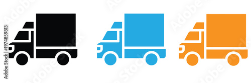 Colorful delivery truck icons in black, Blue, And orange on white background for logistics and transportation concepts