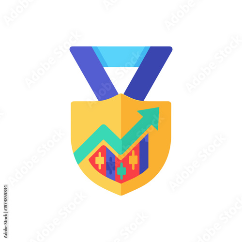 Trading success medal with growth chart and shield symbol representing financial achievement market analysis performance award and successful investment strategy for stock traders and investors.