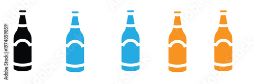Collection of colorful beer bottle icons in black blue and orange on white background