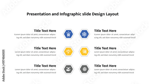 Professional presentation slide displaying six hexagonal icons with associated titles and detailed text descriptions