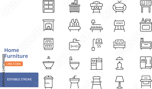 Home furniture line icons set, interior outline symbols for kitchen, bathroom, living room appliances, decor, household equipment and modern home essentials