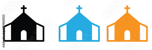 Church building icons in black, Blue, And orange colors for religious or architectural themes