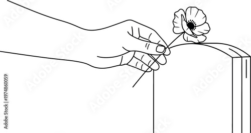 A delicate line art illustration depicts a hand gently holding a blooming rose with dripping water