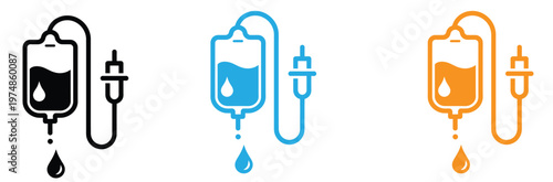Colorful IV drip bag icons in black, Blue, And orange for medical concepts