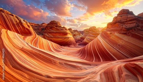 A stunning landscape featuring sandstone formations that resemble rolling waves bathed in the warm light of a sunset
