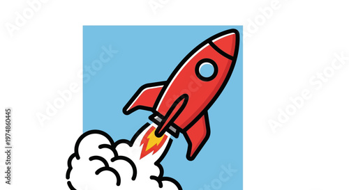Red cartoon rocket launching with blue background.