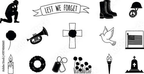 A collection of somber black and white illustrations depicting mourning remembrance and patriotic symbols of loss