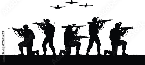 Military soldiers silhouette vector illustration, armed forces team aiming rifles with aircraft above, army combat scene, defense operation concept, tactical warfare design