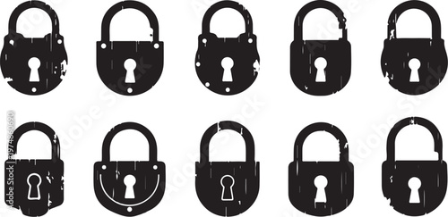 Various black padlocks on white background illustration