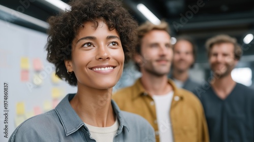 Diverse founding team conducting retrospective meeting in vibrant colorful startup office, reviewing sprint goals on kanban board while discussing team communication improvements and growth