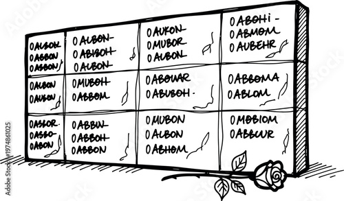 A somber sketch of a memorial wall filled with names adorned with a single rose evoking remembrance and loss