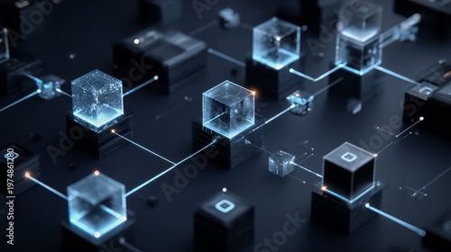 Computer network is shown in a black and blue color scheme. The network is made up of many cubes