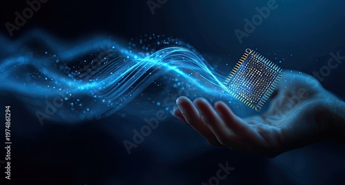 A hand holds a glowing technological component surrounded by blue digital waves