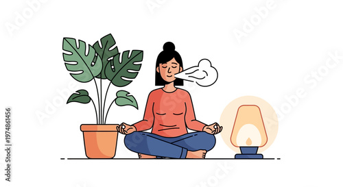 Woman Meditating with Plant and Lamp.