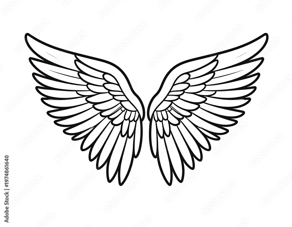 Fototapeta premium A symmetrical drawing of two spread wings with curved edges and detailed feather structure. Outlined with a black stroke