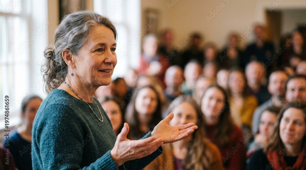 Obraz premium Middle aged woman speaking to a crowd of people in a church hall. Community gathering or religious lesson. Inspirational speaker sharing message about Jesus Christ and faith.